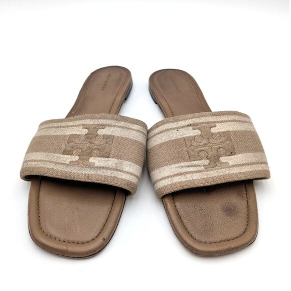 Tory Burch Double T Jacquard Slide Sandals Cammello/ash White Size US11M EU42 - Picture 2 of 12